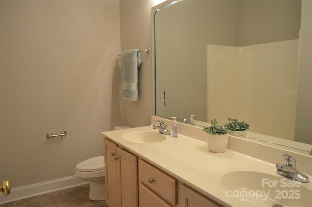 bathroom with tile patterned flooring, vanity, and toilet