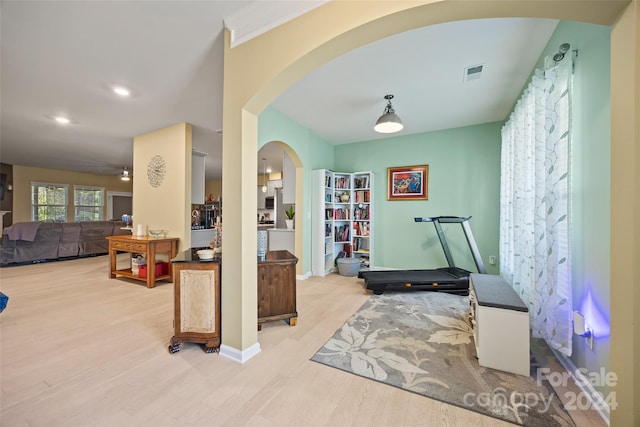 workout area featuring light hardwood / wood-style floors and ceiling fan