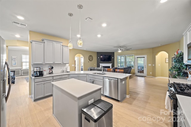 kitchen featuring hanging light fixtures, stainless steel appliances, light hardwood / wood-style floors, and plenty of natural light