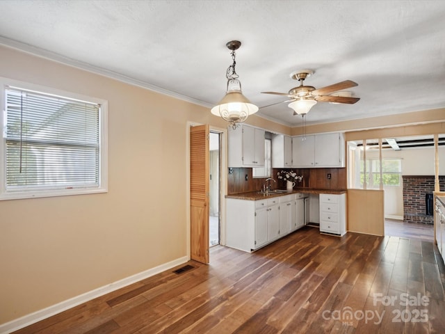 kitchen with white cabinets, sink, ceiling fan, tasteful backsplash, and dark hardwood / wood-style flooring