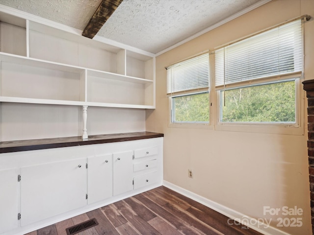 interior space with dark hardwood / wood-style floors, a textured ceiling, and ornamental molding