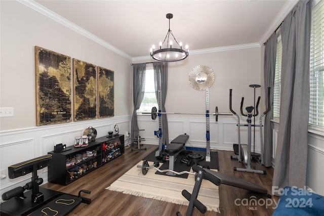 workout room with crown molding, dark hardwood / wood-style flooring, and a chandelier