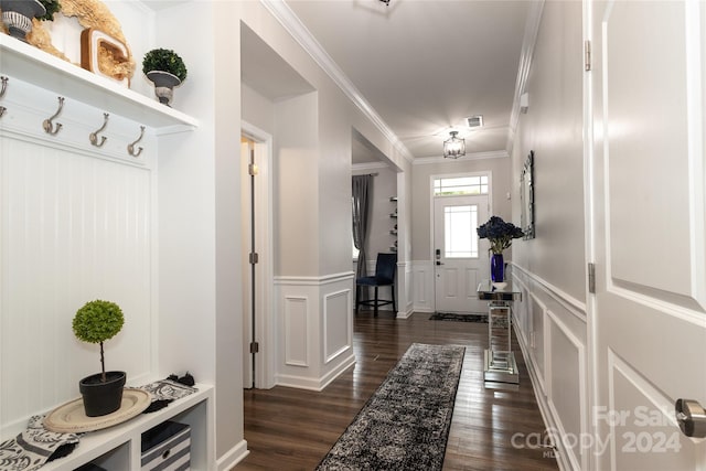 mudroom featuring dark hardwood / wood-style floors and crown molding