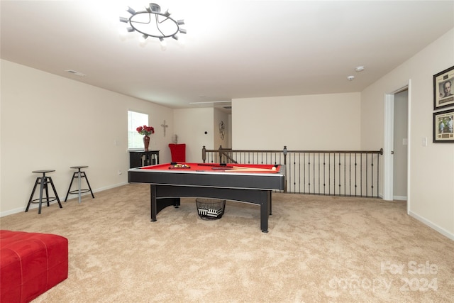 rec room with light carpet and pool table