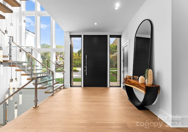 foyer featuring a healthy amount of sunlight, light hardwood / wood-style flooring, and expansive windows