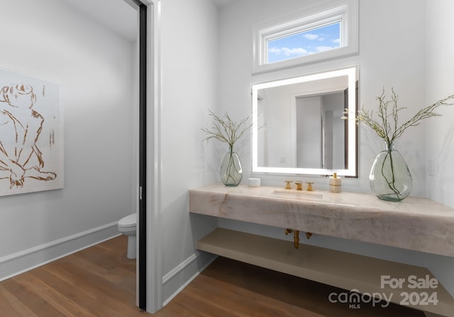 bathroom with vanity, hardwood / wood-style floors, and toilet