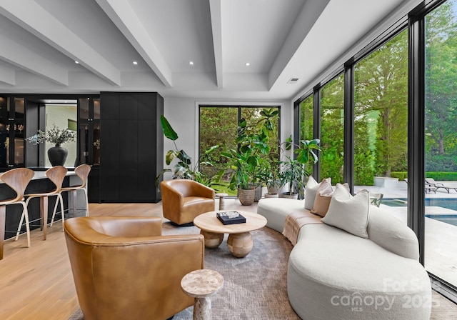 2116 Woodhaven Rd, Charlotte, NC 28211 - living area featuring visible vents, light wood-style flooring, beam ceiling, and recessed lighting