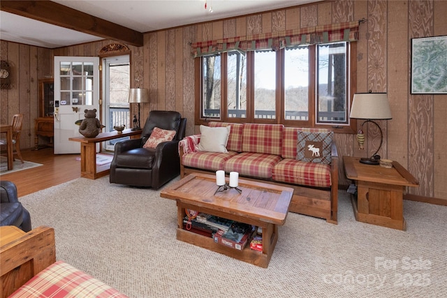 living area with wood walls and beamed ceiling