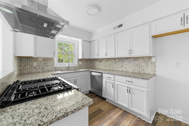 kitchen featuring dark wood-type flooring, white cabinets, light stone countertops, exhaust hood, and stainless steel dishwasher