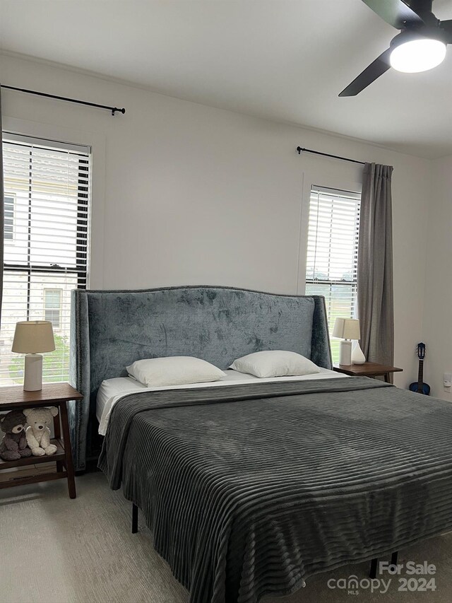 carpeted bedroom with ceiling fan and multiple windows