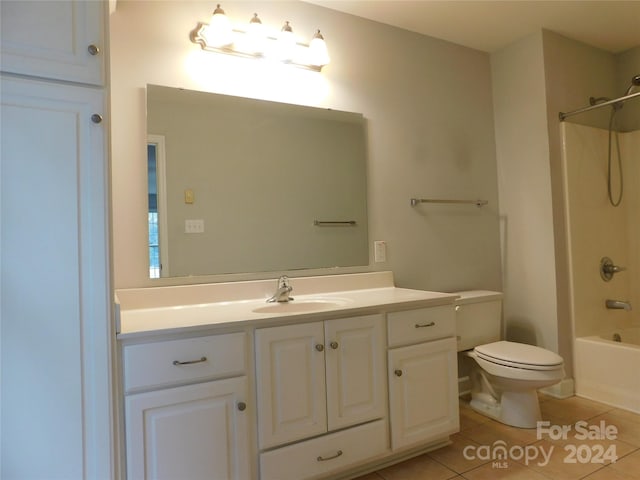 full bathroom with vanity, toilet, bathtub / shower combination, and tile patterned floors