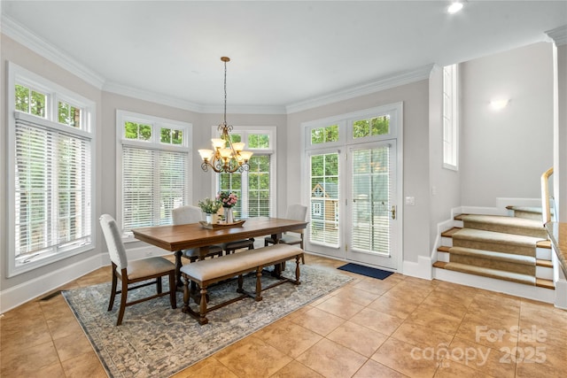 dining space with a notable chandelier, stairway, crown molding, light tile patterned floors, and baseboards