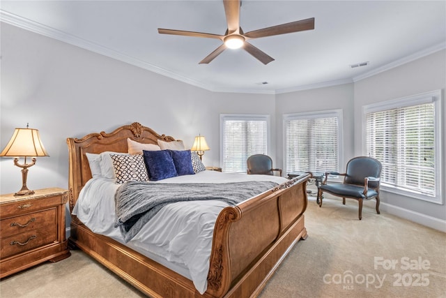 bedroom with visible vents, light carpet, a ceiling fan, crown molding, and baseboards