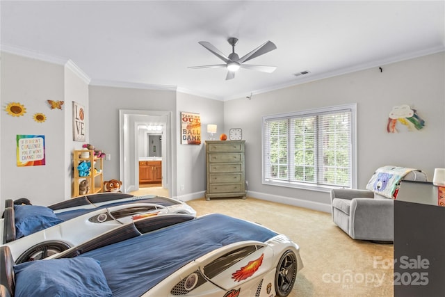 bedroom featuring crown molding, light colored carpet, visible vents, and baseboards