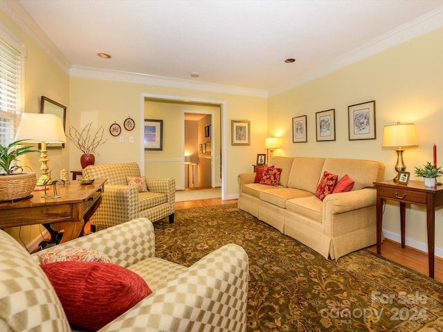 living room featuring hardwood / wood-style floors and crown molding