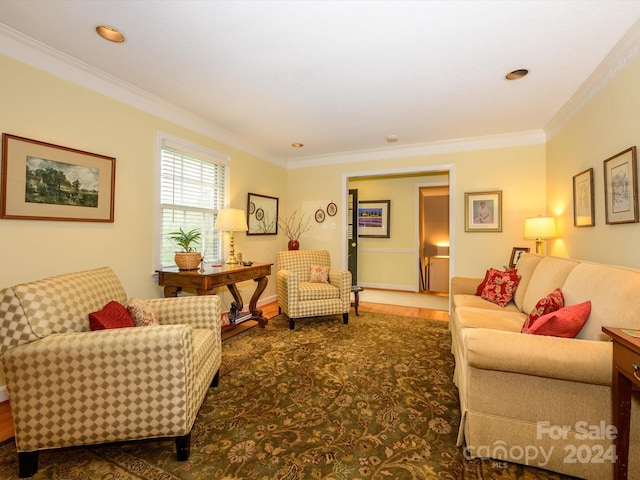 living room featuring crown molding