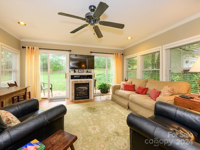 living room featuring crown molding and a healthy amount of sunlight