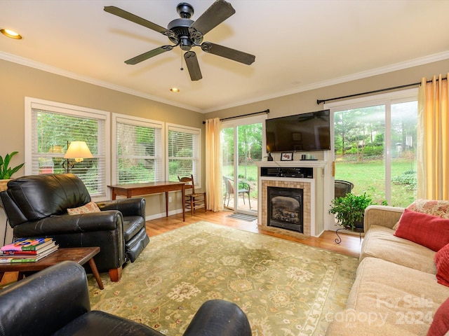 living room with a tiled fireplace, crown molding, and light wood-type flooring