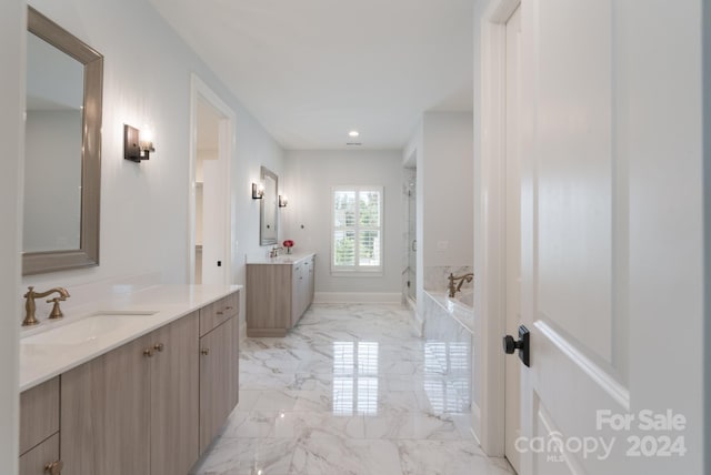 bathroom featuring vanity and a washtub