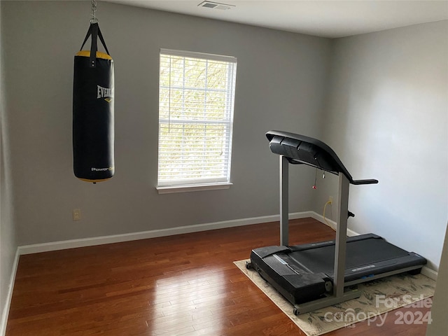 workout area featuring dark wood-type flooring