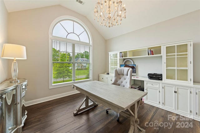 home office with lofted ceiling, a chandelier, and dark hardwood / wood-style floors