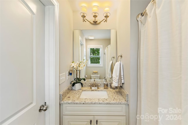 bathroom featuring vanity, curtained shower, and toilet