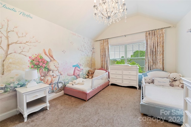 carpeted bedroom with vaulted ceiling and an inviting chandelier