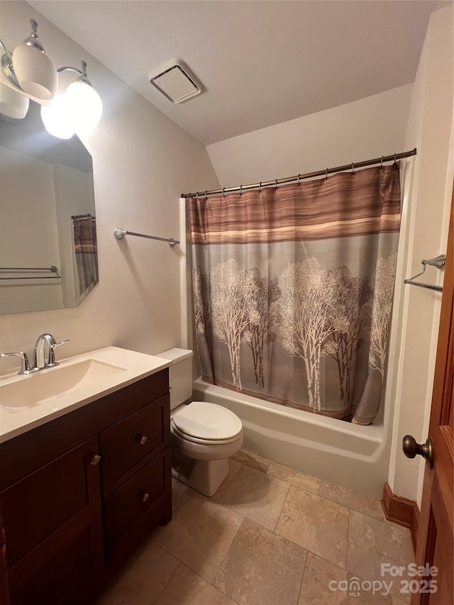 full bathroom with vanity, vaulted ceiling, toilet, and shower / bath combo