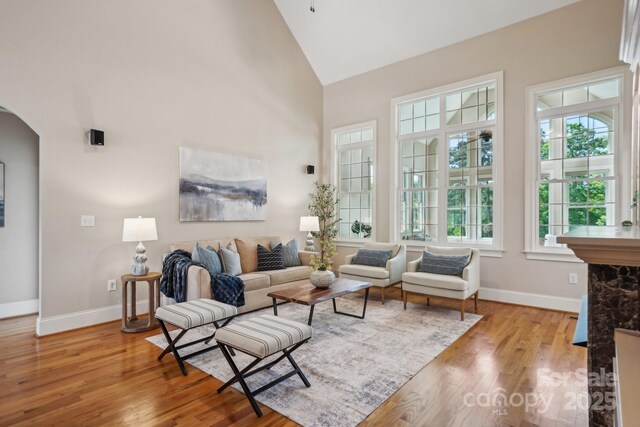 living area with arched walkways, wood finished floors, and baseboards