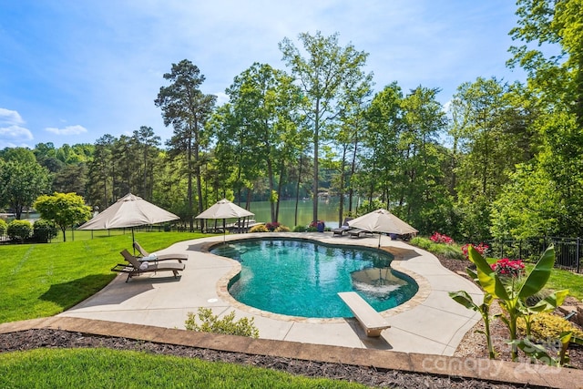 view of pool with a fenced in pool, fence, a diving board, a yard, and a patio