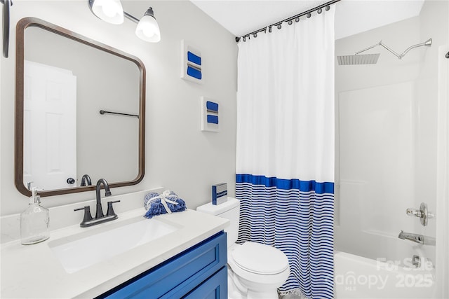 full bathroom with shower / bathtub combination with curtain, vanity, and toilet