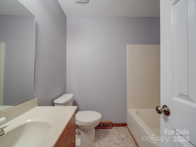 full bathroom with shower / bathtub combination, a textured ceiling, vanity, and toilet