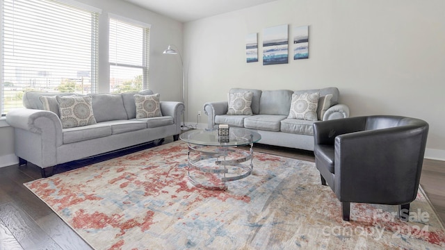 living room with plenty of natural light and dark hardwood / wood-style flooring