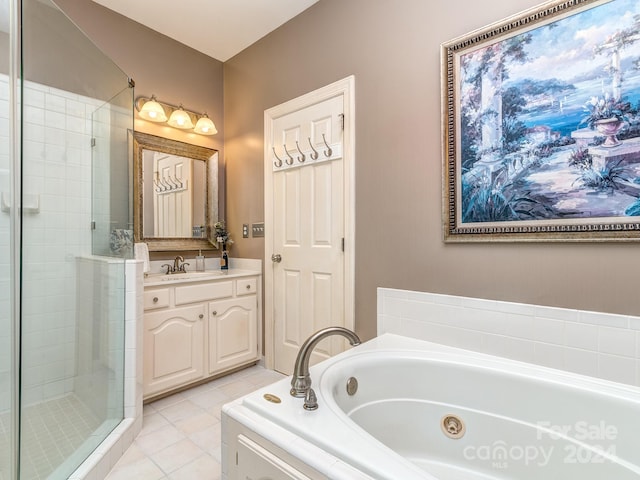 bathroom with shower with separate bathtub, tile patterned flooring, and vanity