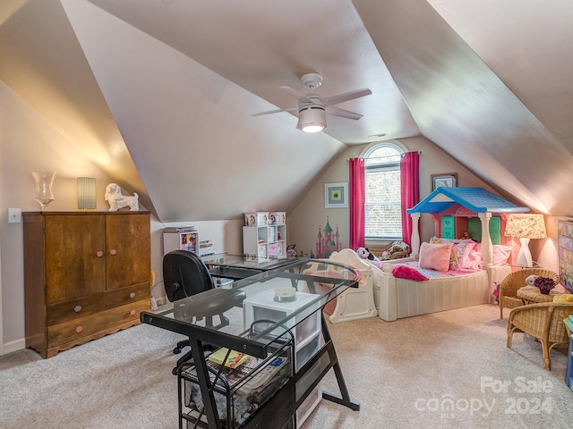 bedroom featuring vaulted ceiling, ceiling fan, and light colored carpet