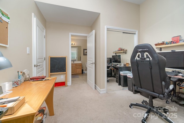 home office with light colored carpet