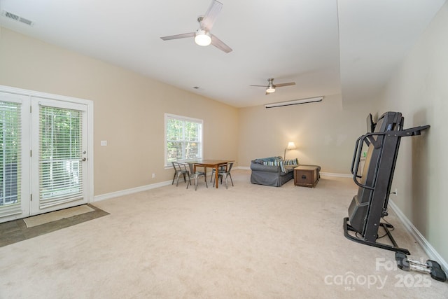 interior space featuring ceiling fan and carpet flooring