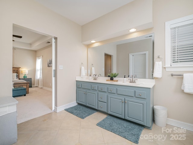 121 Canvasback Rd, Mooresville, NC 28117 - bathroom featuring double vanity, tile patterned flooring, ceiling fan, and recessed lighting