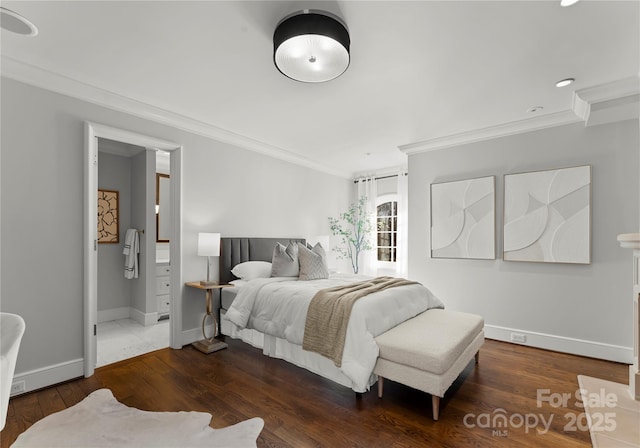 bedroom featuring dark wood-type flooring and ornamental molding