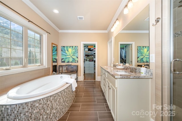 bathroom featuring vanity, ornamental molding, and independent shower and bath