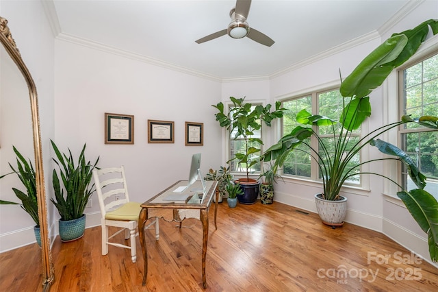 sitting room with hardwood / wood-style floors, ceiling fan, ornamental molding, and a wealth of natural light