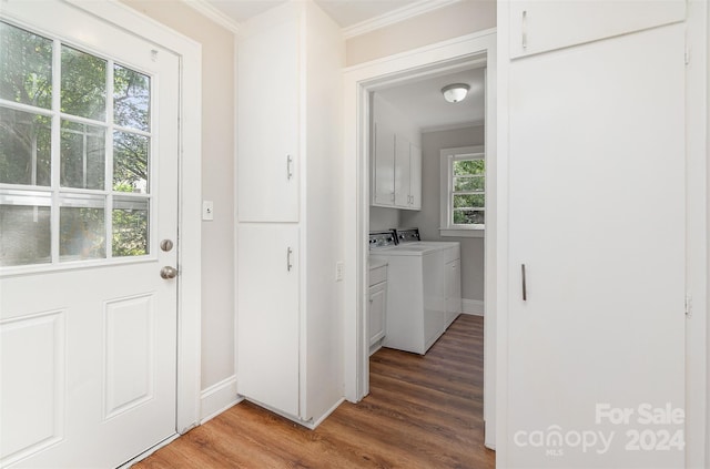 laundry area with cabinets, wood-type flooring, and a wealth of natural light