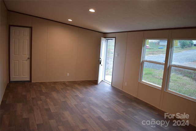 spare room with dark hardwood / wood-style flooring, ornamental molding, and plenty of natural light