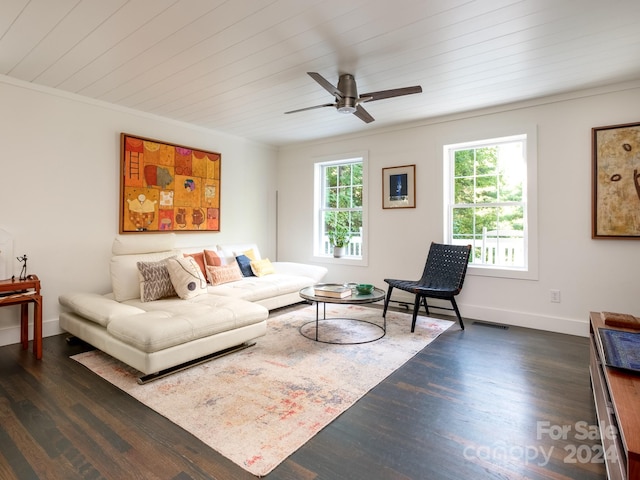 living room with wood ceiling, ceiling fan, dark hardwood / wood-style flooring, and crown molding