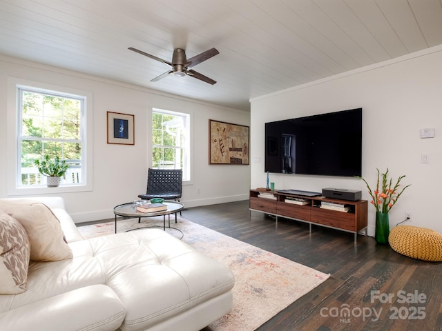 living area featuring a ceiling fan, ornamental molding, wood ceiling, baseboards, and dark wood-style flooring