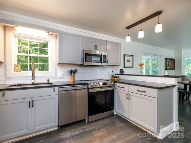 kitchen with a peninsula, a sink, dark countertops, backsplash, and appliances with stainless steel finishes