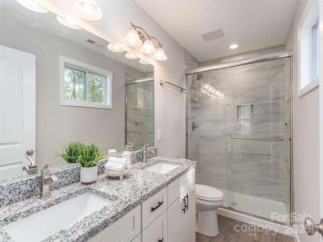 bathroom featuring vanity, toilet, and walk in shower