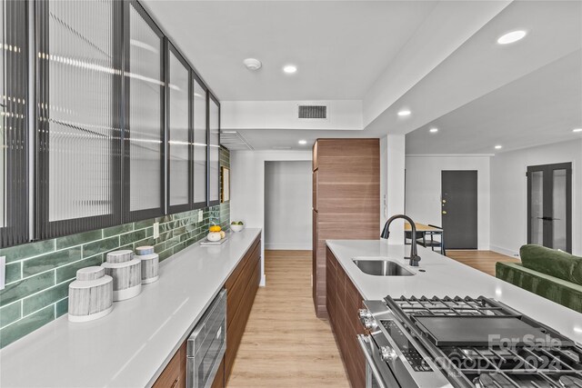 kitchen featuring light wood-type flooring, stainless steel gas range oven, tasteful backsplash, and sink