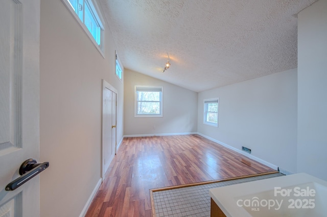 interior space featuring lofted ceiling, dark hardwood / wood-style floors, and a textured ceiling