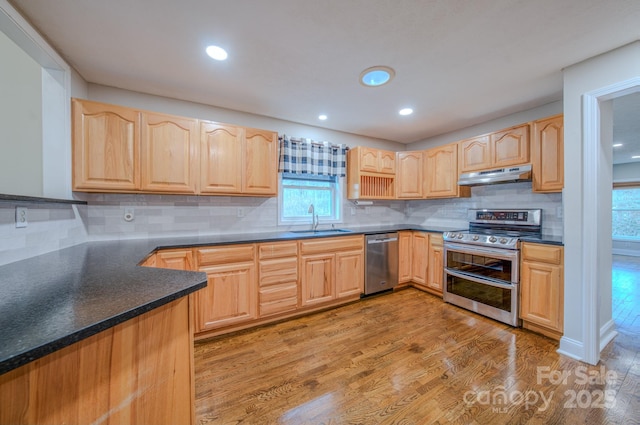 kitchen featuring light brown cabinetry, sink, light hardwood / wood-style flooring, appliances with stainless steel finishes, and decorative backsplash